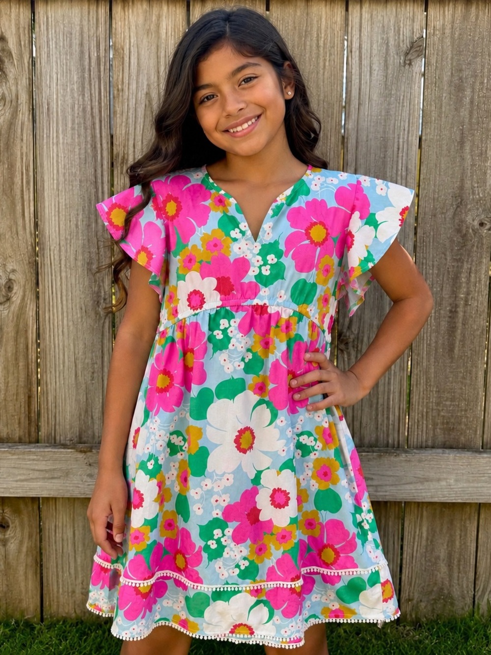 Mini Boden Floral Bright Pink & Green Flutter Dress Sz. 9-10Y